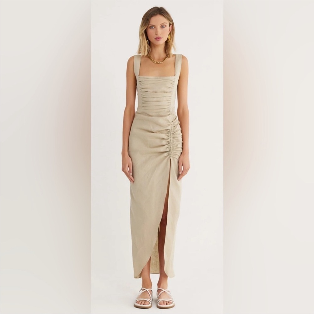 Ruched Square-Neck Maxi Dress in Neutral Beige